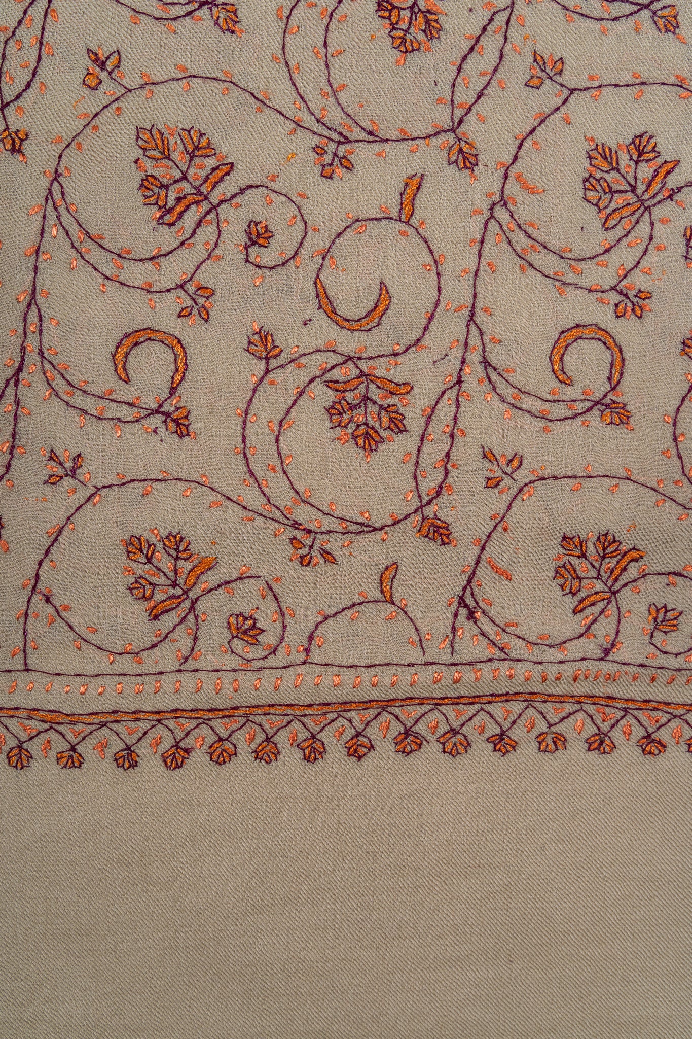 Sandstone Vine Sozni Hand Embroidered Merino Wool Shawl