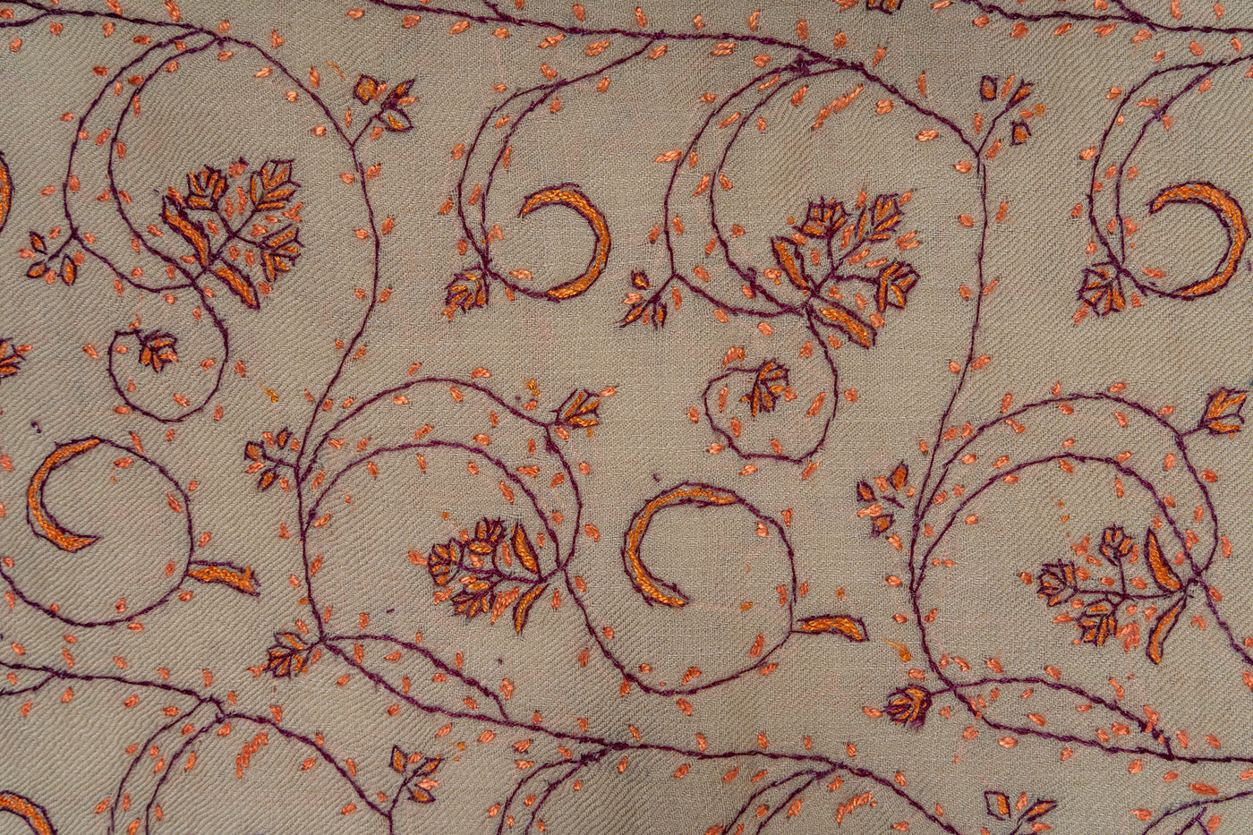 Sandstone Vine Sozni Hand Embroidered Merino Wool Shawl