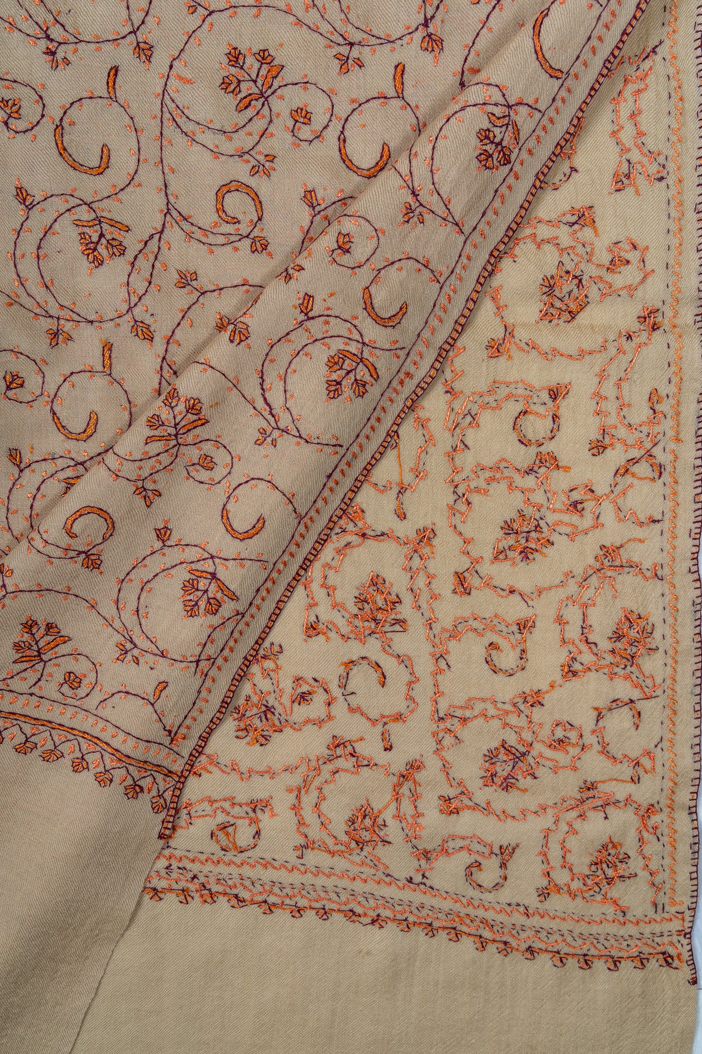 Sandstone Vine Sozni Hand Embroidered Merino Wool Shawl