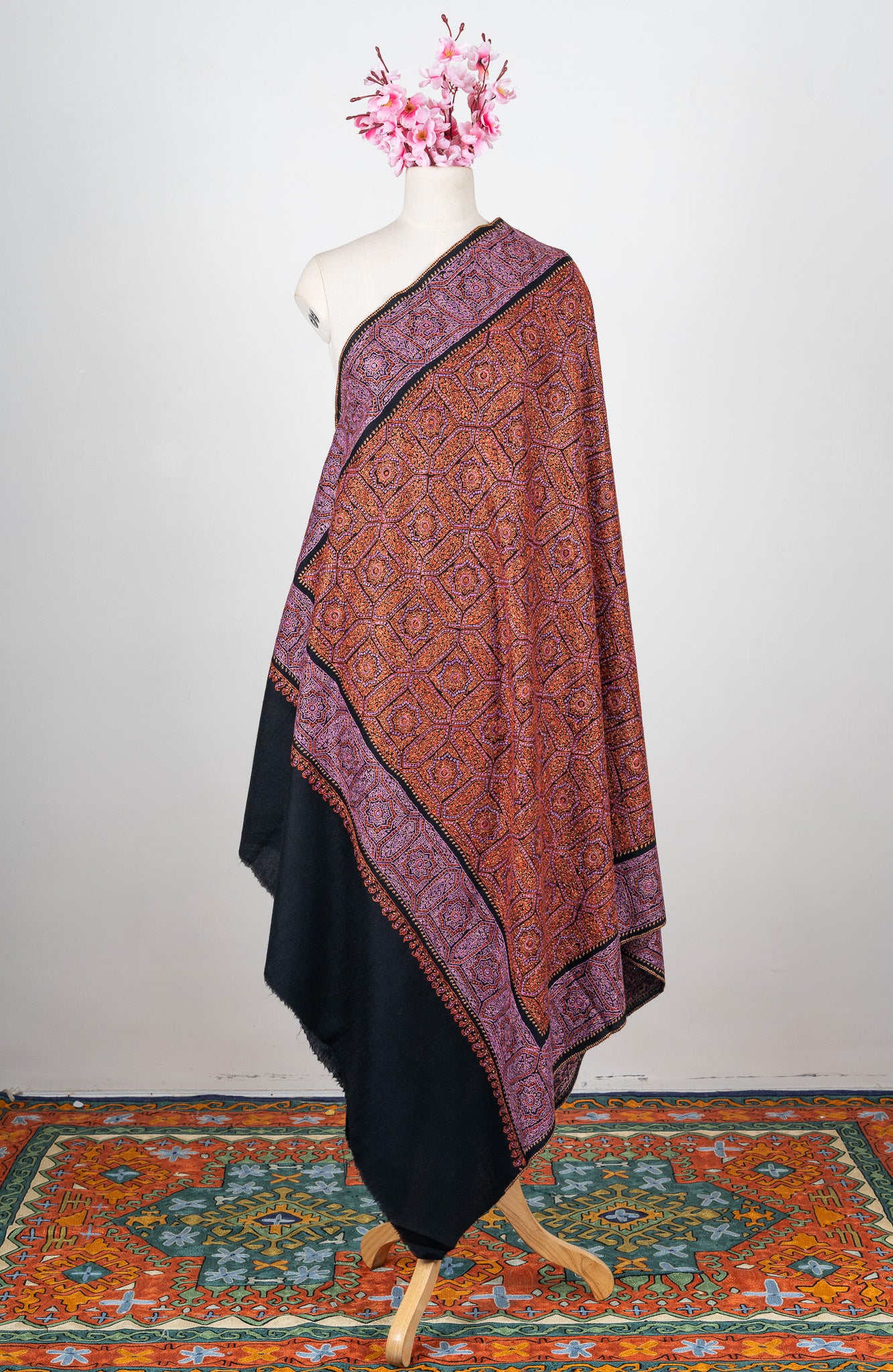 Twilight Mosaic Sozni Hand Embroidered Merino Wool Shawl