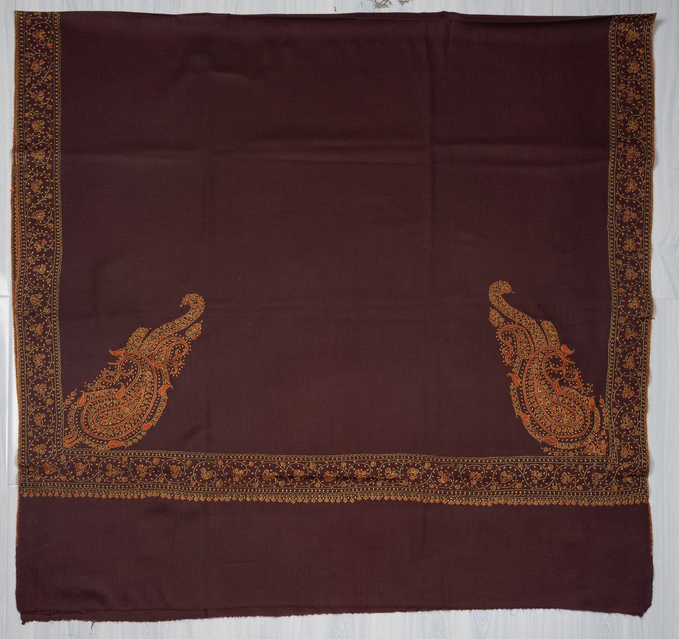 Cocoa Crest Sozni Hand Embroidered Merino Wool Shawl