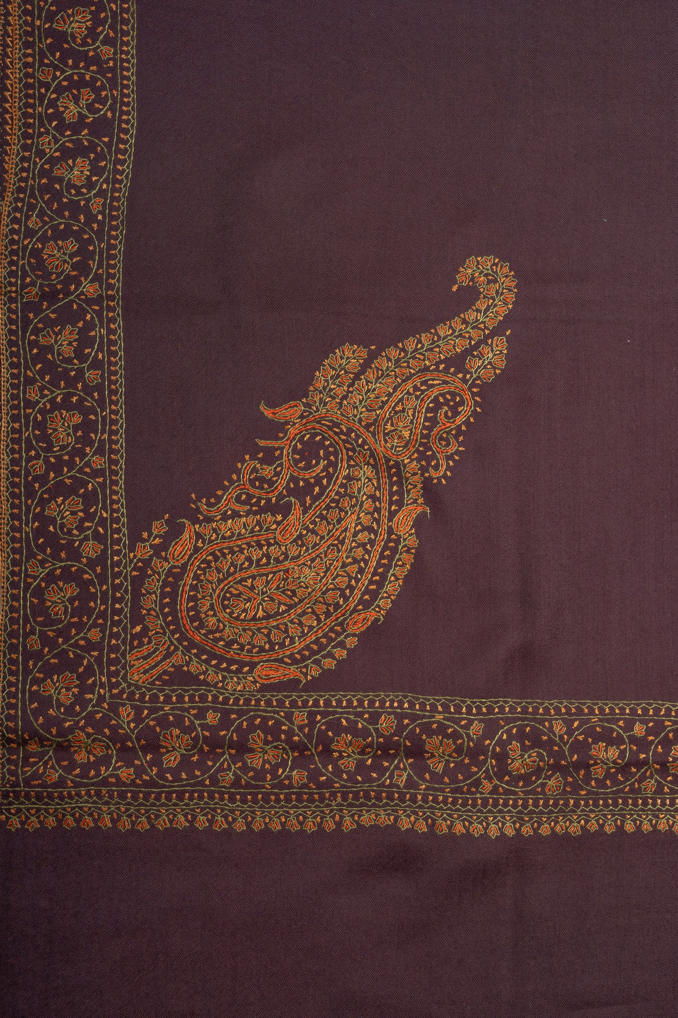 Cocoa Crest Sozni Hand Embroidered Merino Wool Shawl