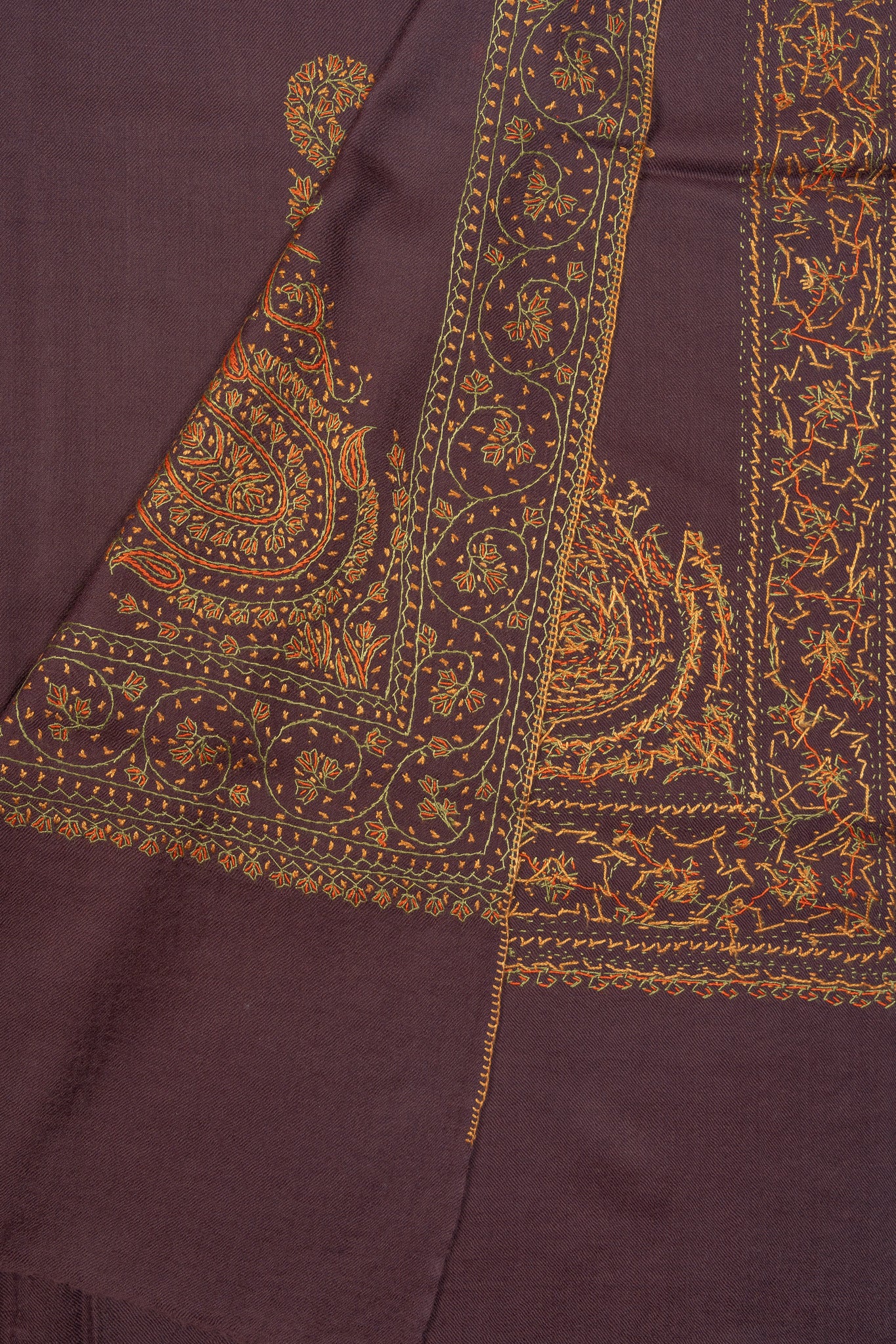 Cocoa Crest Sozni Hand Embroidered Merino Wool Shawl