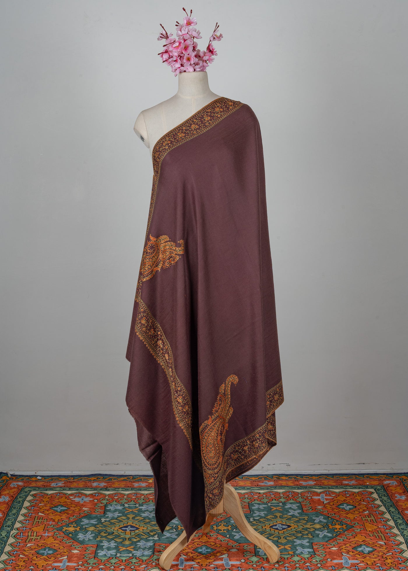 Cocoa Crest Sozni Hand Embroidered Merino Wool Shawl