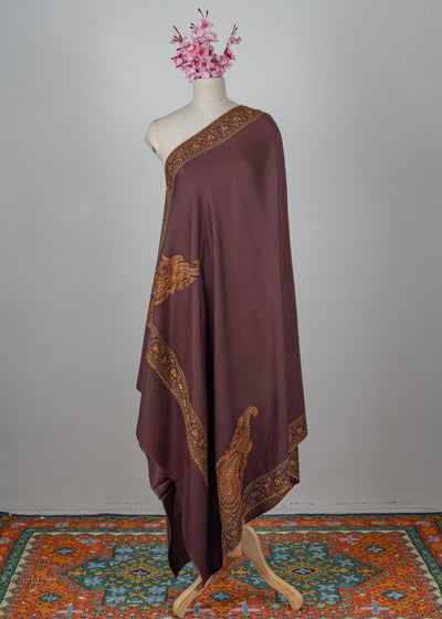 Cocoa Crest Sozni Hand Embroidered Merino Wool Shawl