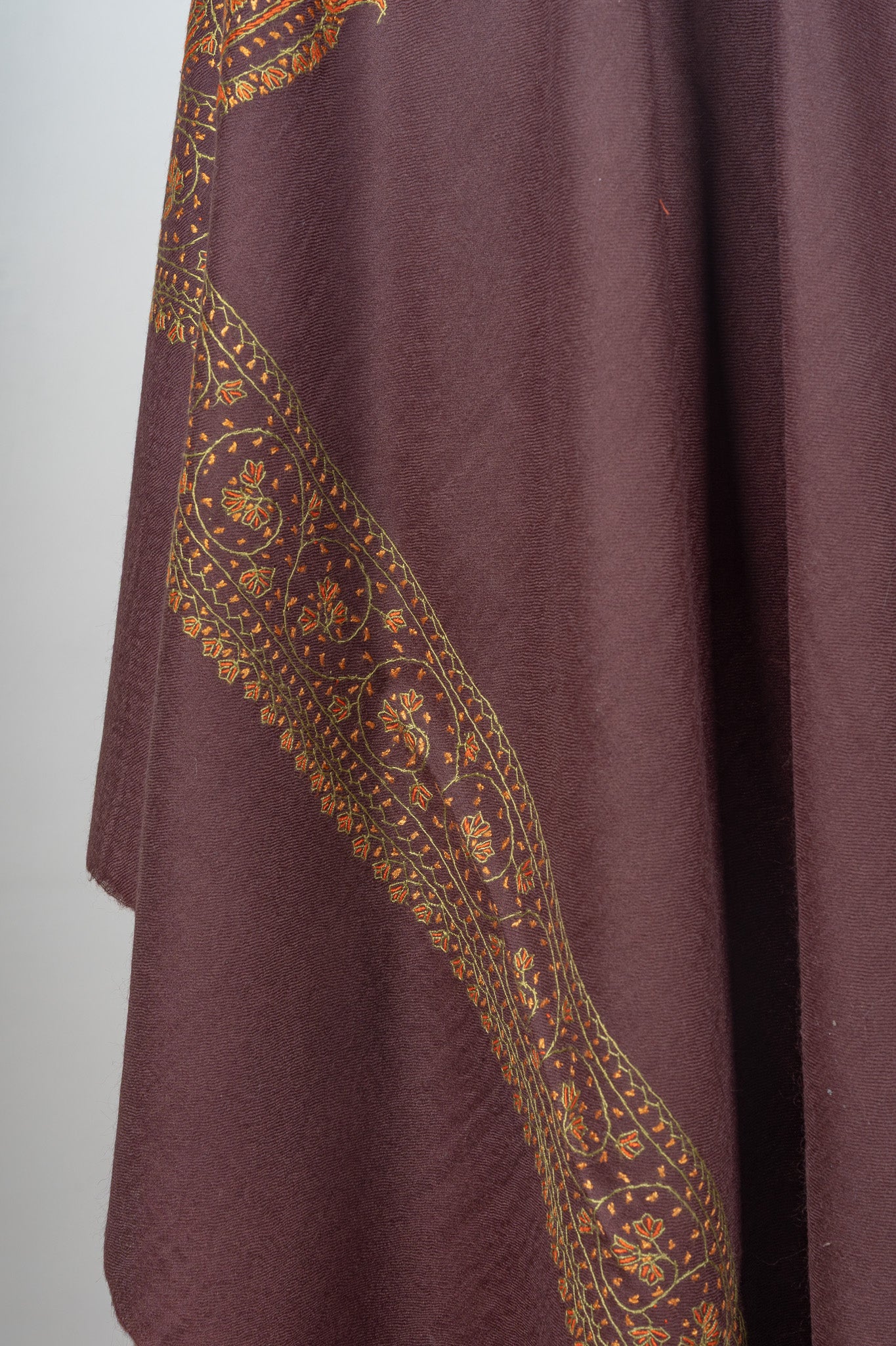 Cocoa Crest Sozni Hand Embroidered Merino Wool Shawl