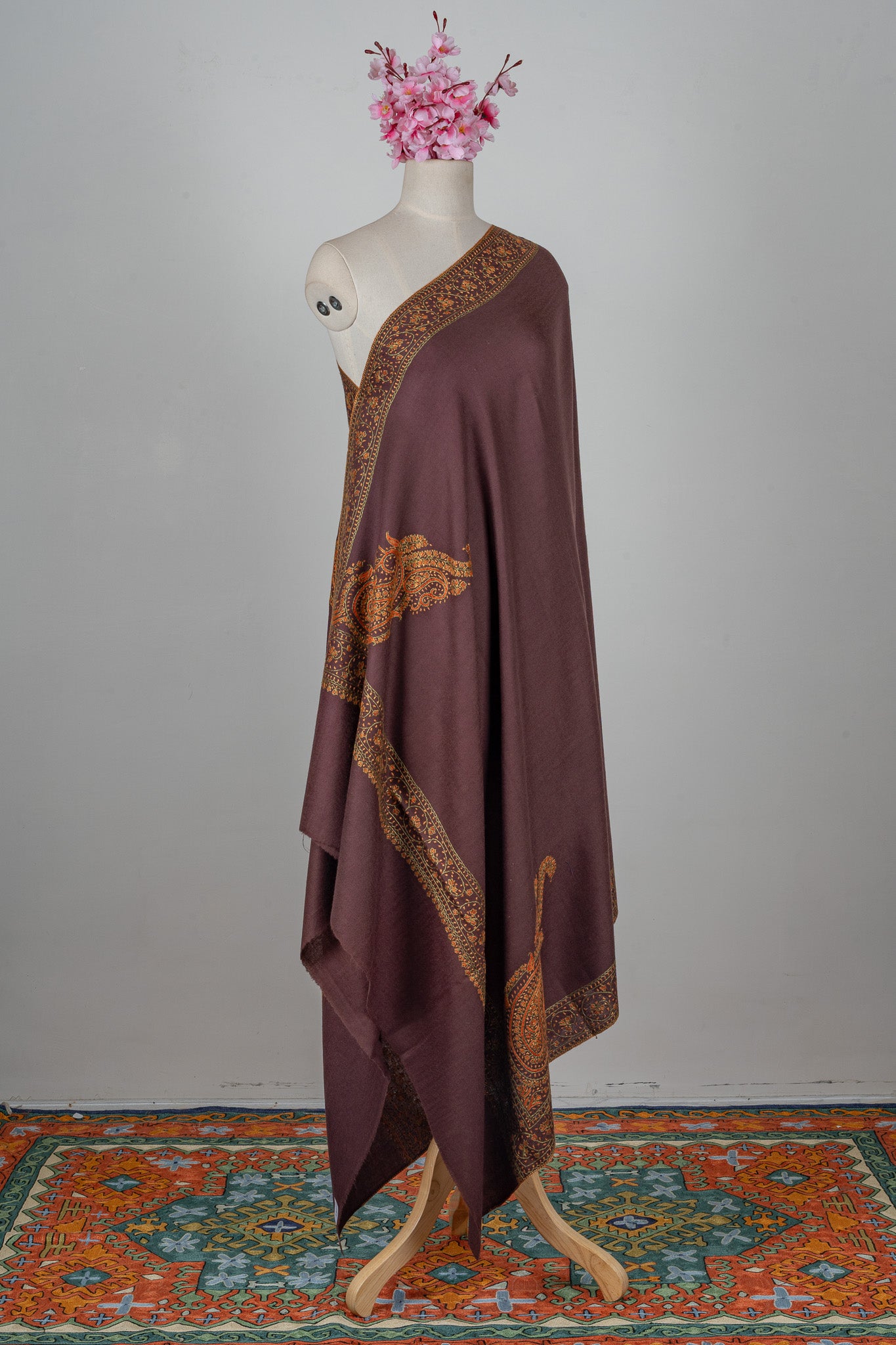 Cocoa Crest Sozni Hand Embroidered Merino Wool Shawl