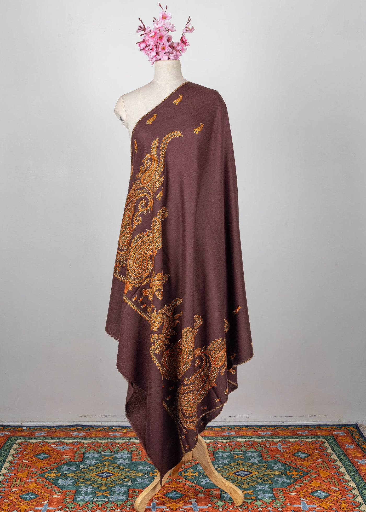 Autumn Empress Sozni Hand Embroidered Merino Wool Shawl