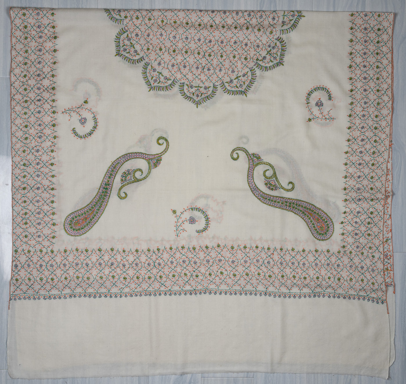Ivory Garden Sozni Hand Embroidered Merino Wool Shawl