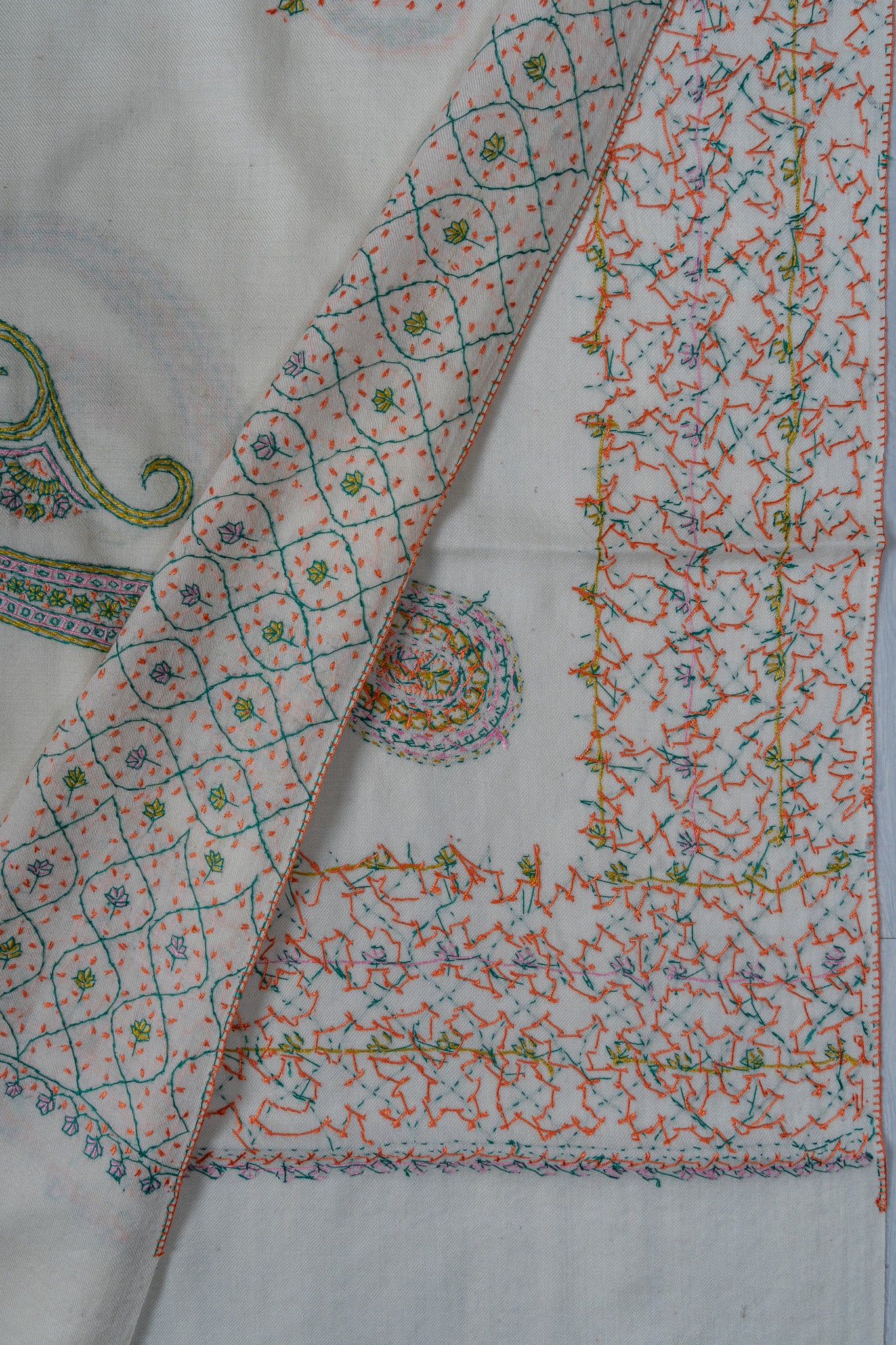 Ivory Garden Sozni Hand Embroidered Merino Wool Shawl