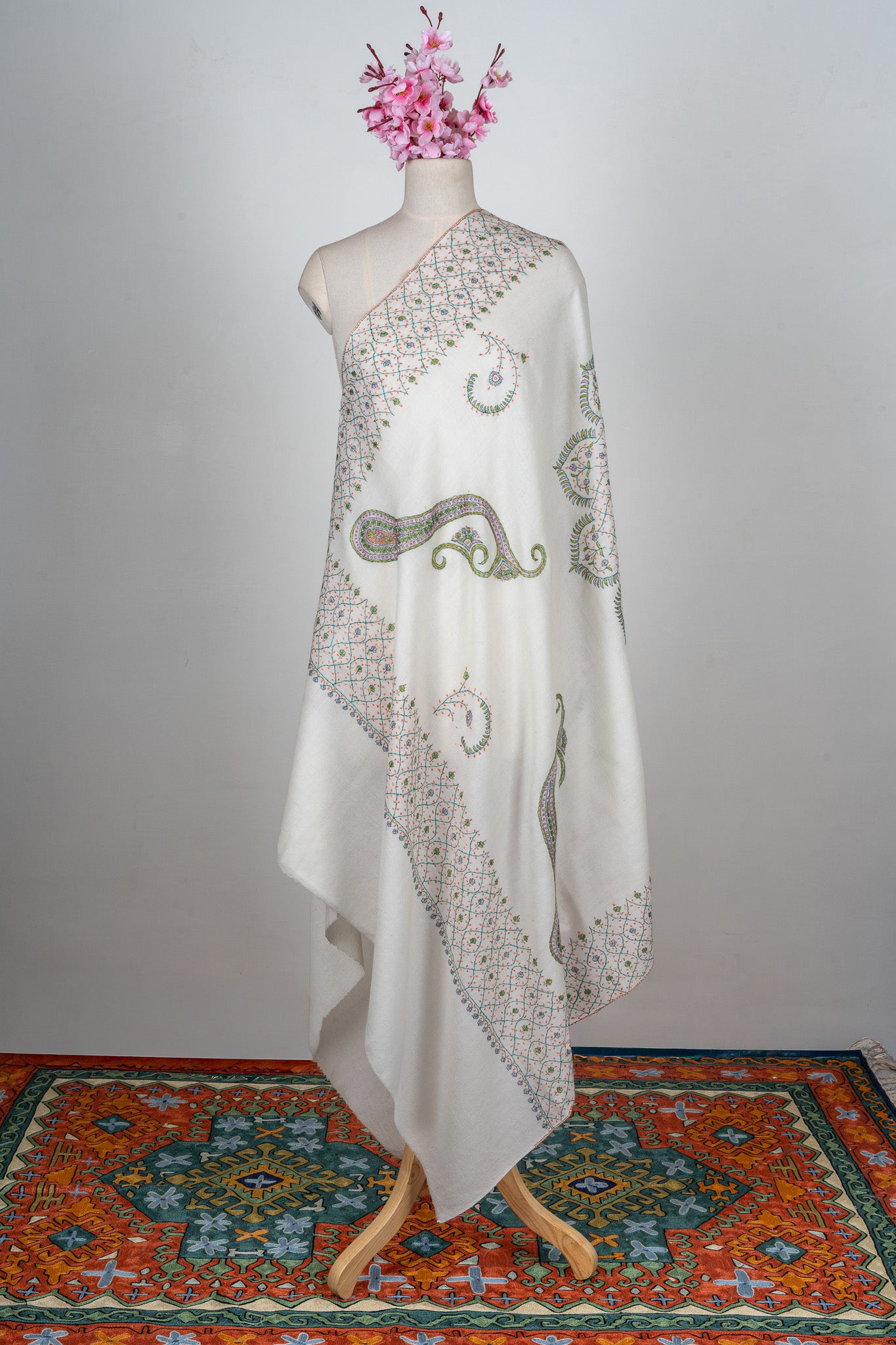 Ivory Garden Sozni Hand Embroidered Merino Wool Shawl
