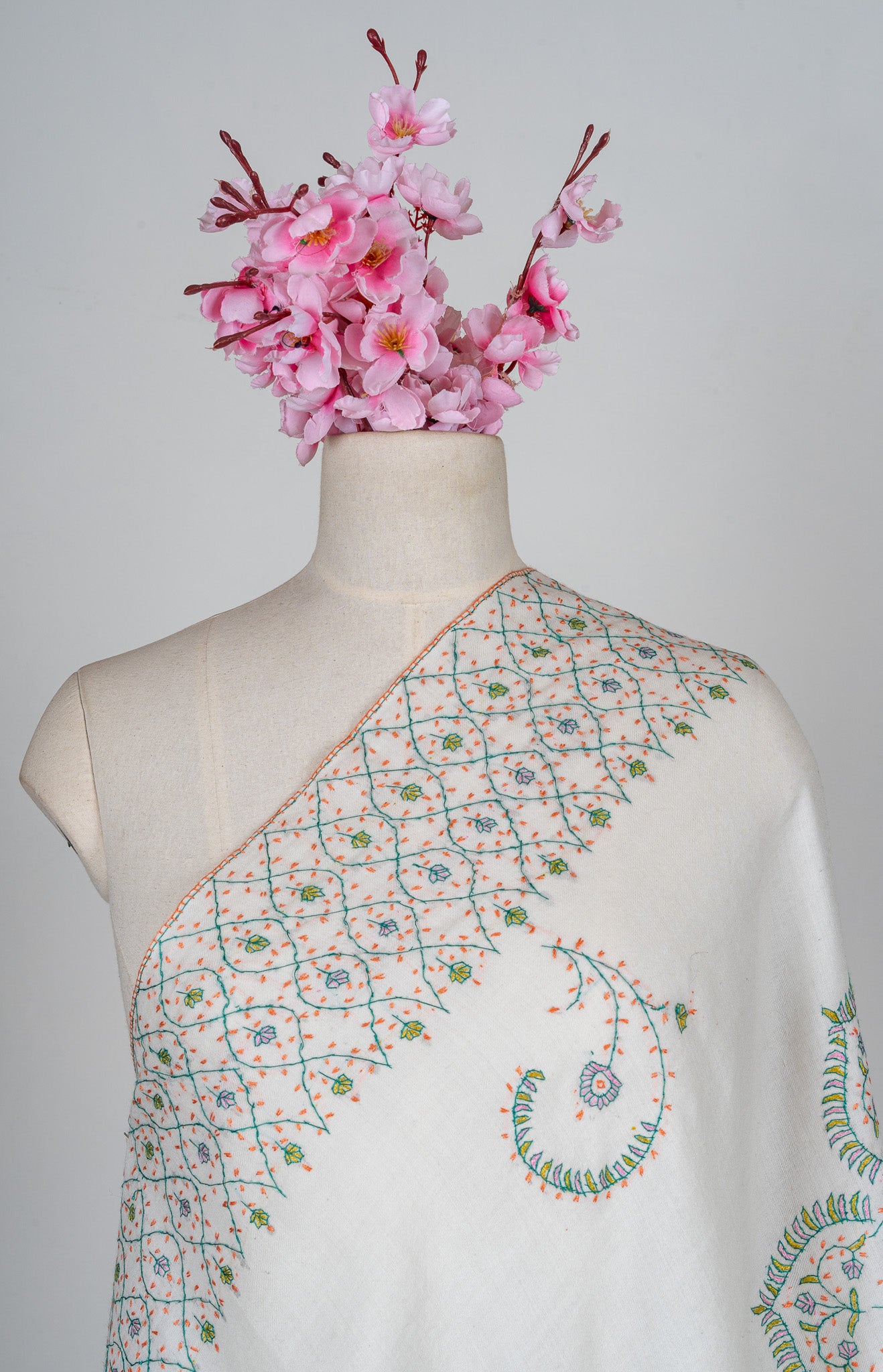 Ivory Garden Sozni Hand Embroidered Merino Wool Shawl