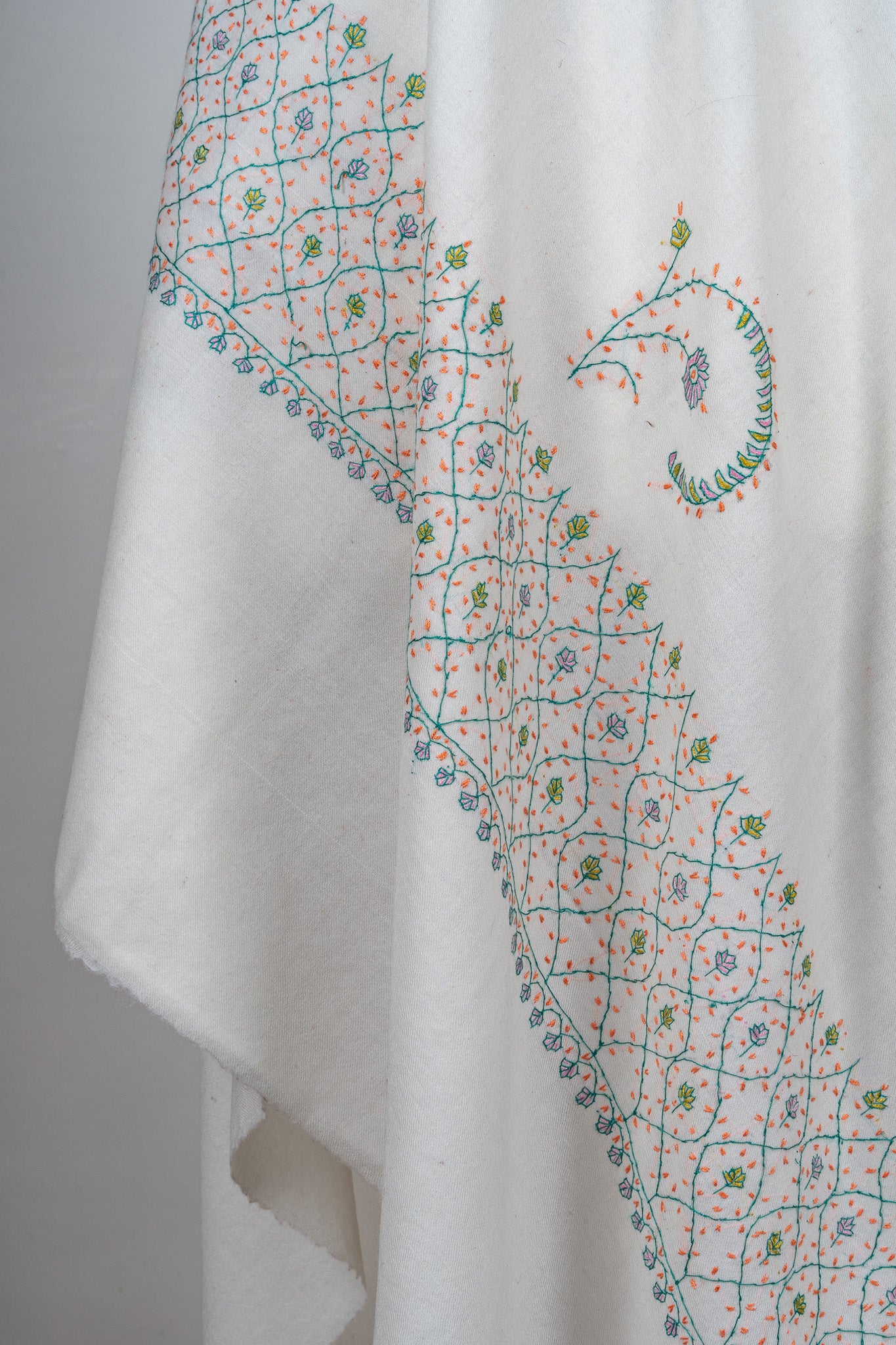 Ivory Garden Sozni Hand Embroidered Merino Wool Shawl