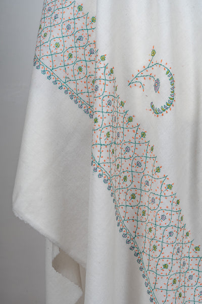 Ivory Garden Sozni Hand Embroidered Merino Wool Shawl