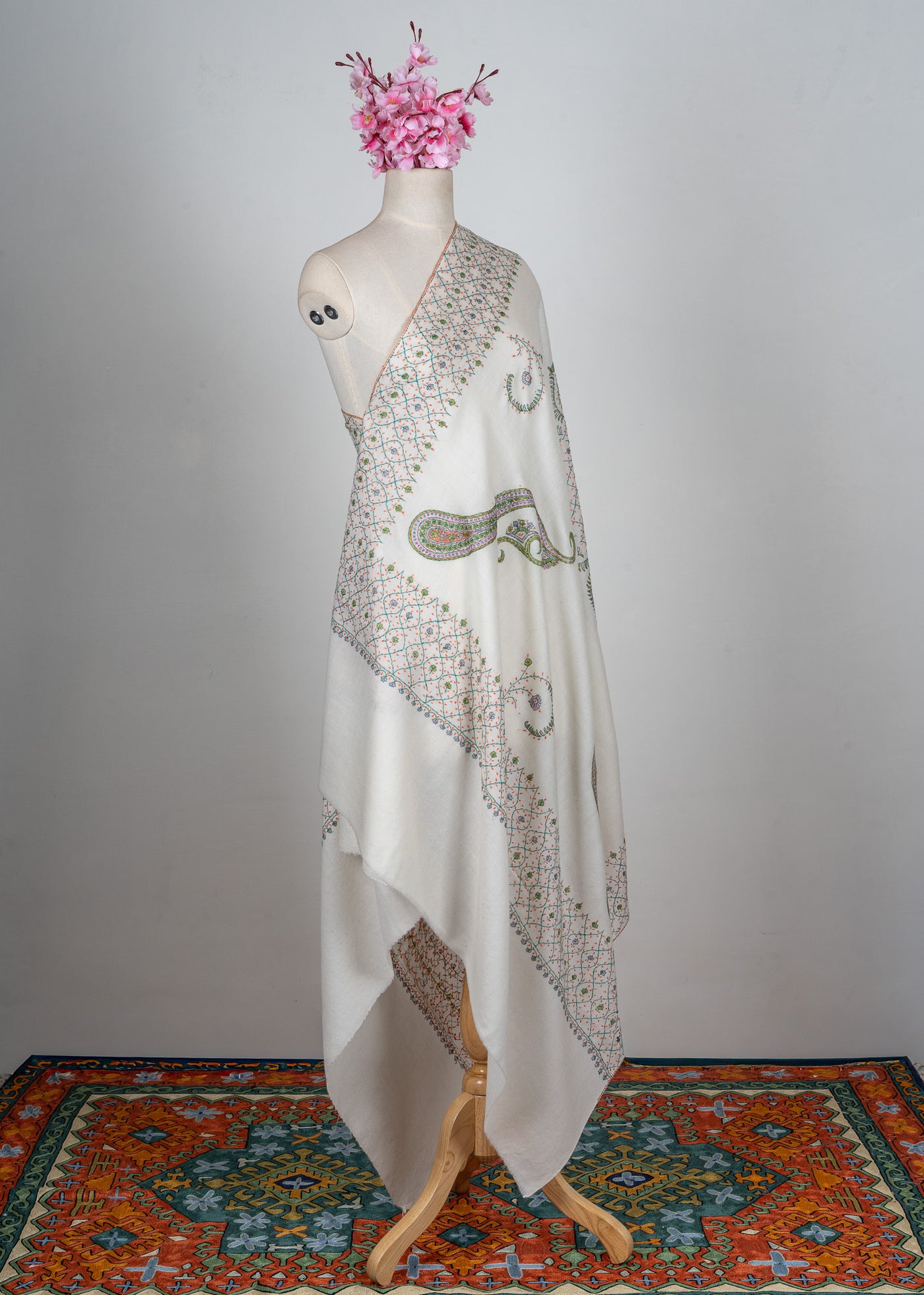 Ivory Garden Sozni Hand Embroidered Merino Wool Shawl