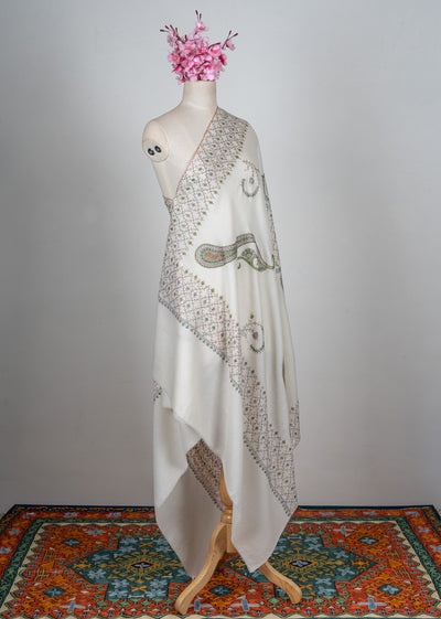 Ivory Garden Sozni Hand Embroidered Merino Wool Shawl