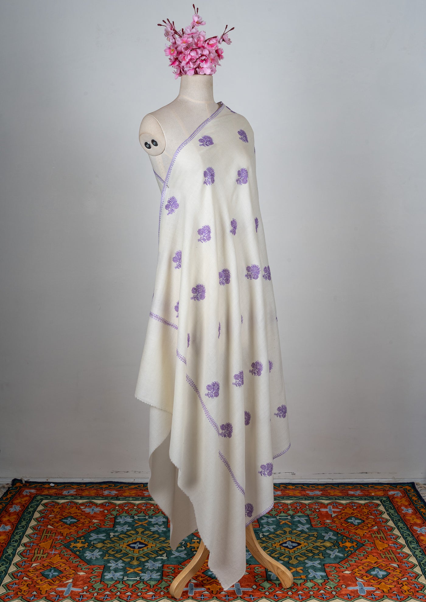 Lavender Breeze Sozni Hand Embroidered Merino Wool Shawl