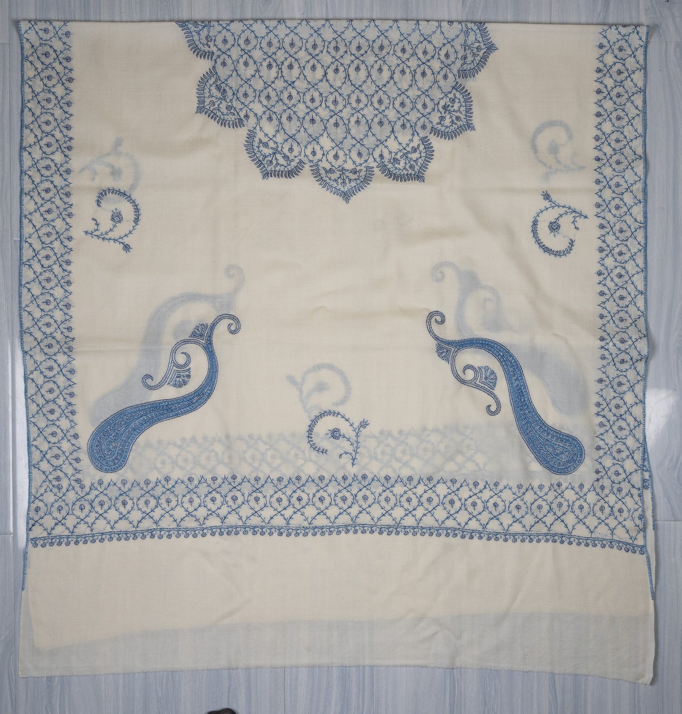 Snow Azure Sozni Hand Embroidered Merino Wool Shawl
