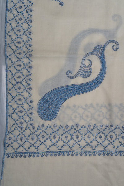 Snow Azure Sozni Hand Embroidered Merino Wool Shawl