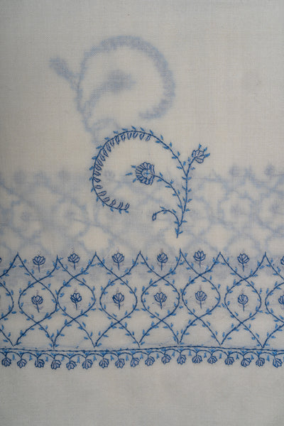 Snow Azure Sozni Hand Embroidered Merino Wool Shawl