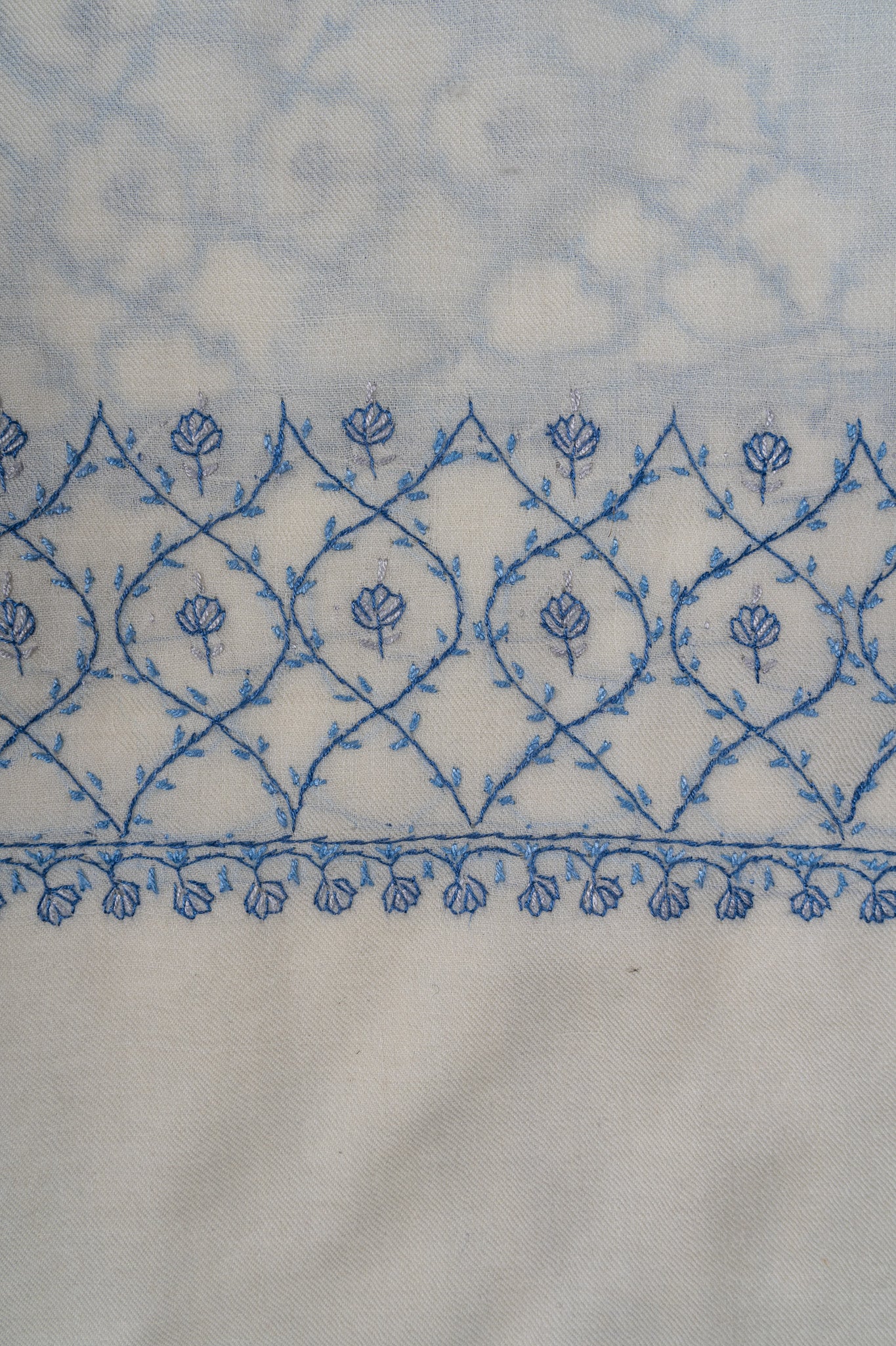 Snow Azure Sozni Hand Embroidered Merino Wool Shawl