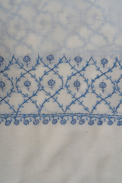 Snow Azure Sozni Hand Embroidered Merino Wool Shawl