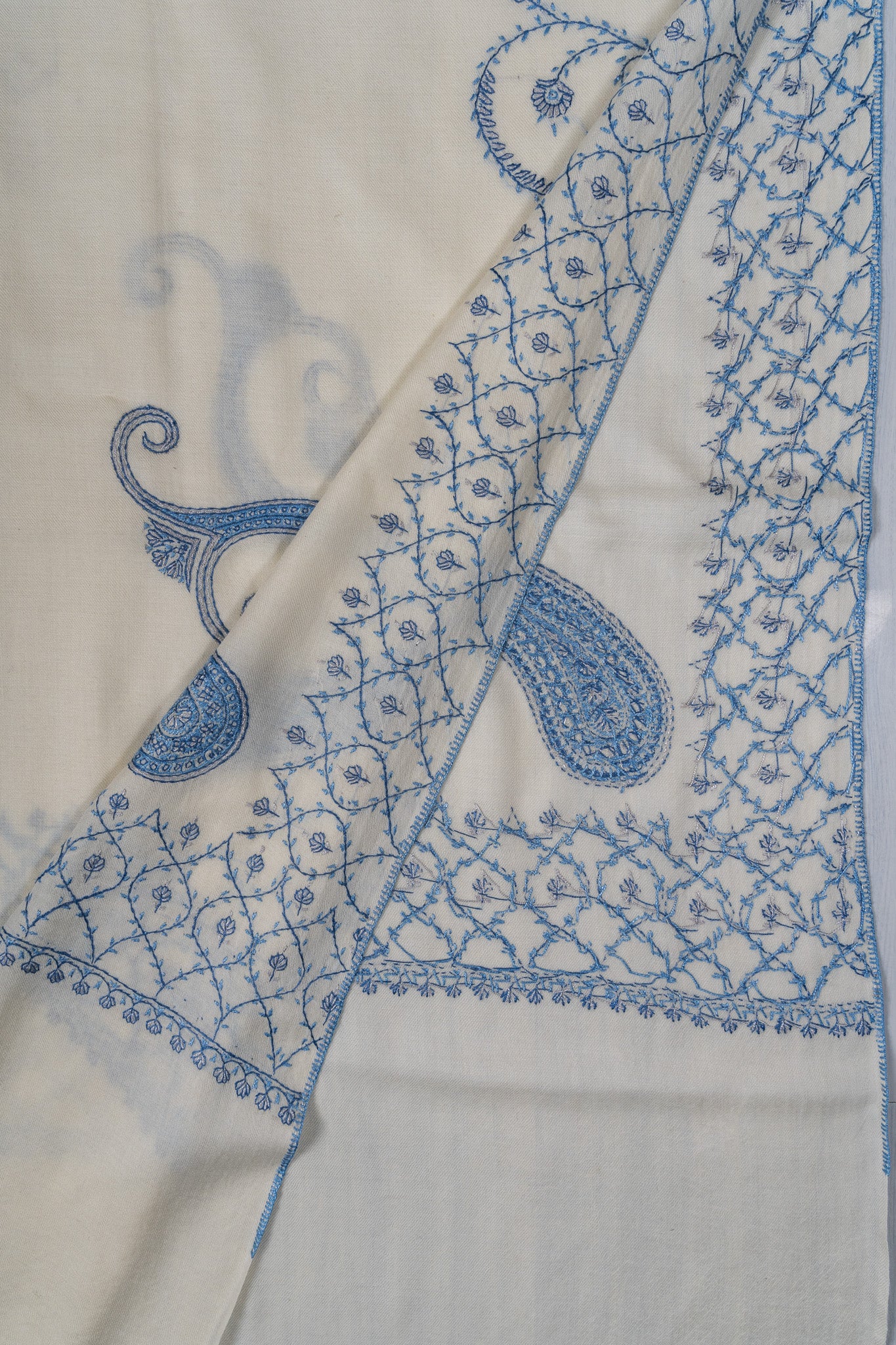 Snow Azure Sozni Hand Embroidered Merino Wool Shawl