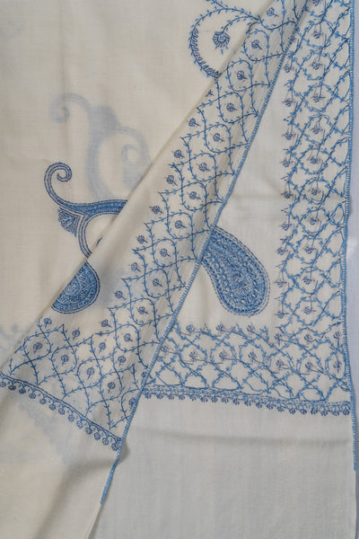 Snow Azure Sozni Hand Embroidered Merino Wool Shawl
