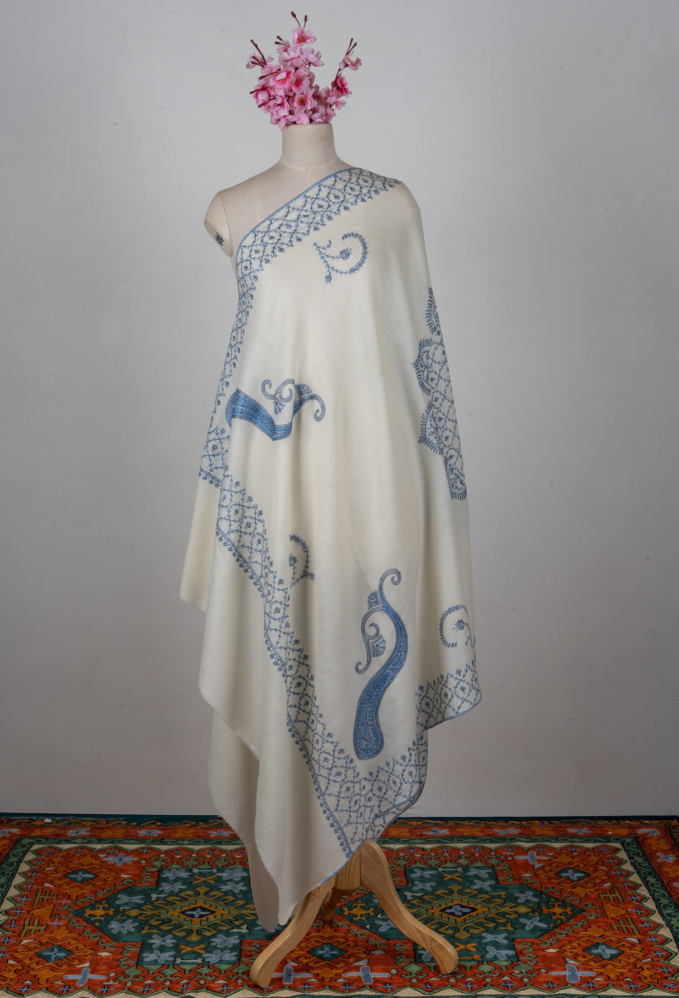 Snow Azure Sozni Hand Embroidered Merino Wool Shawl