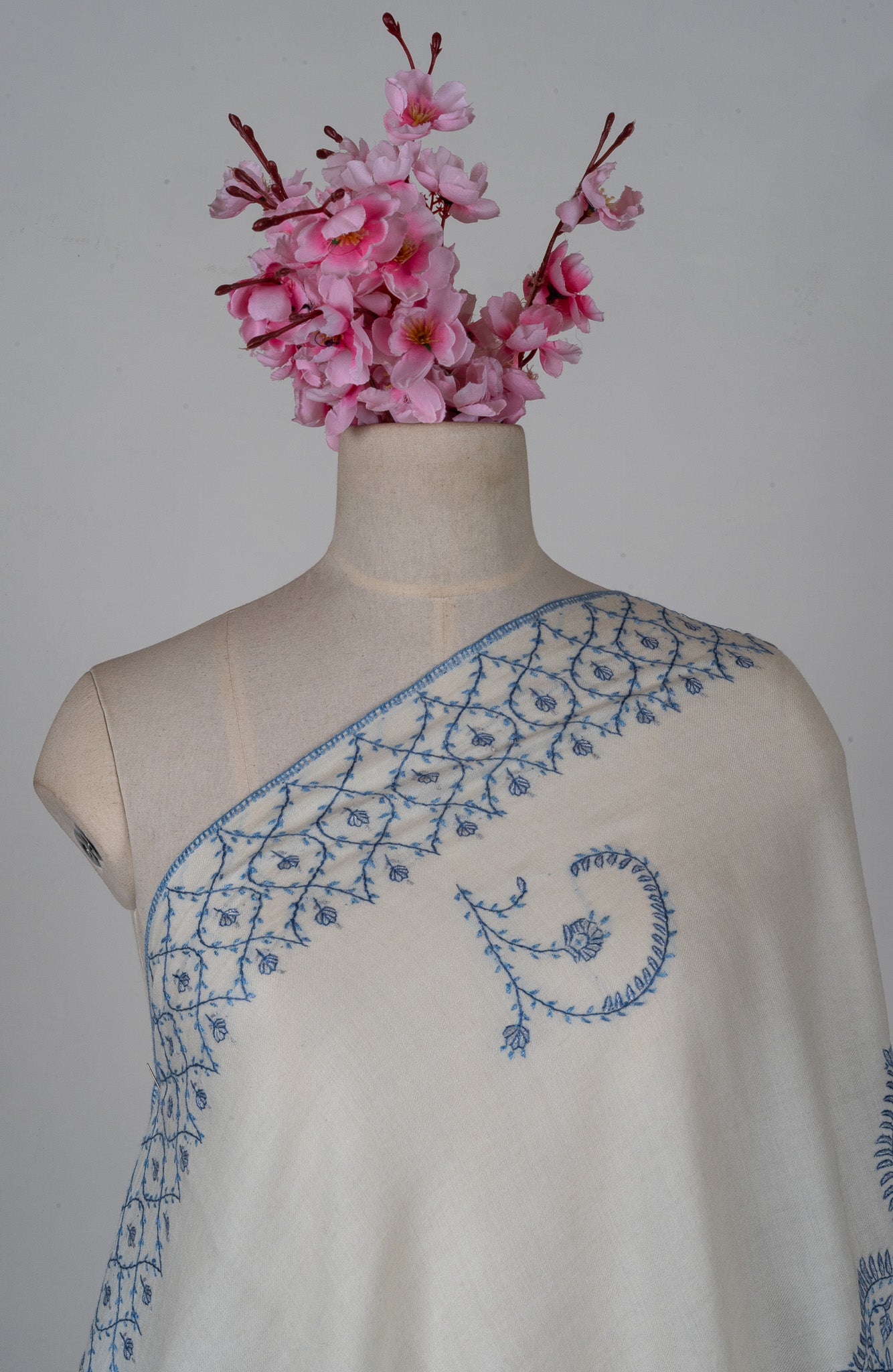 Snow Azure Sozni Hand Embroidered Merino Wool Shawl