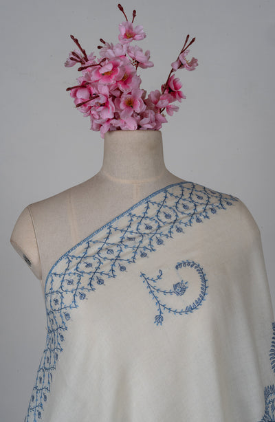 Snow Azure Sozni Hand Embroidered Merino Wool Shawl