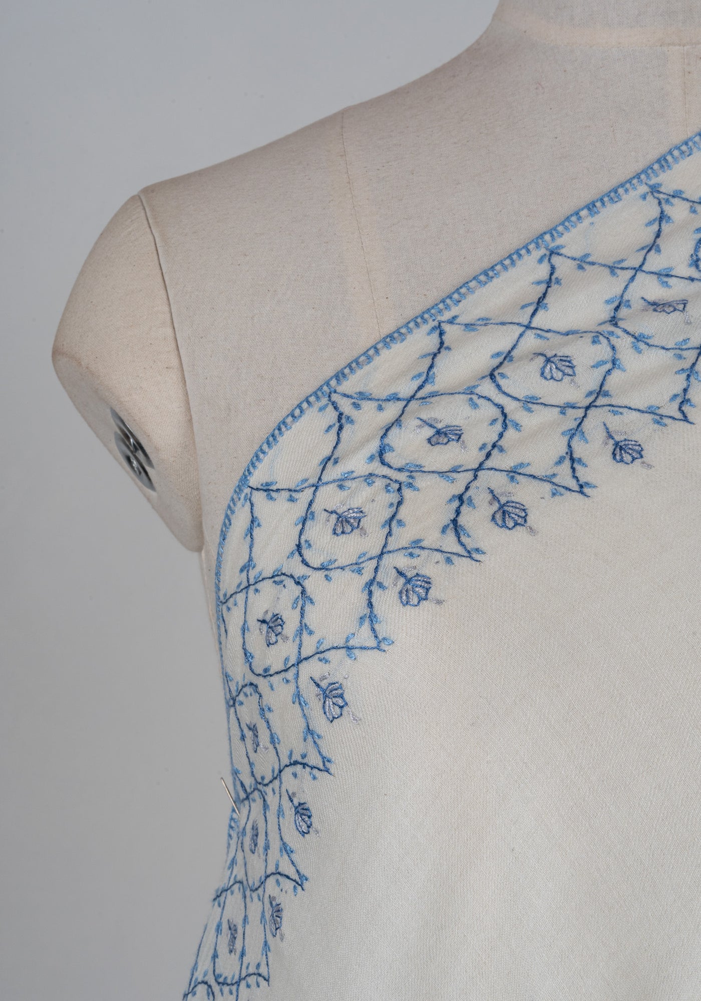 Snow Azure Sozni Hand Embroidered Merino Wool Shawl