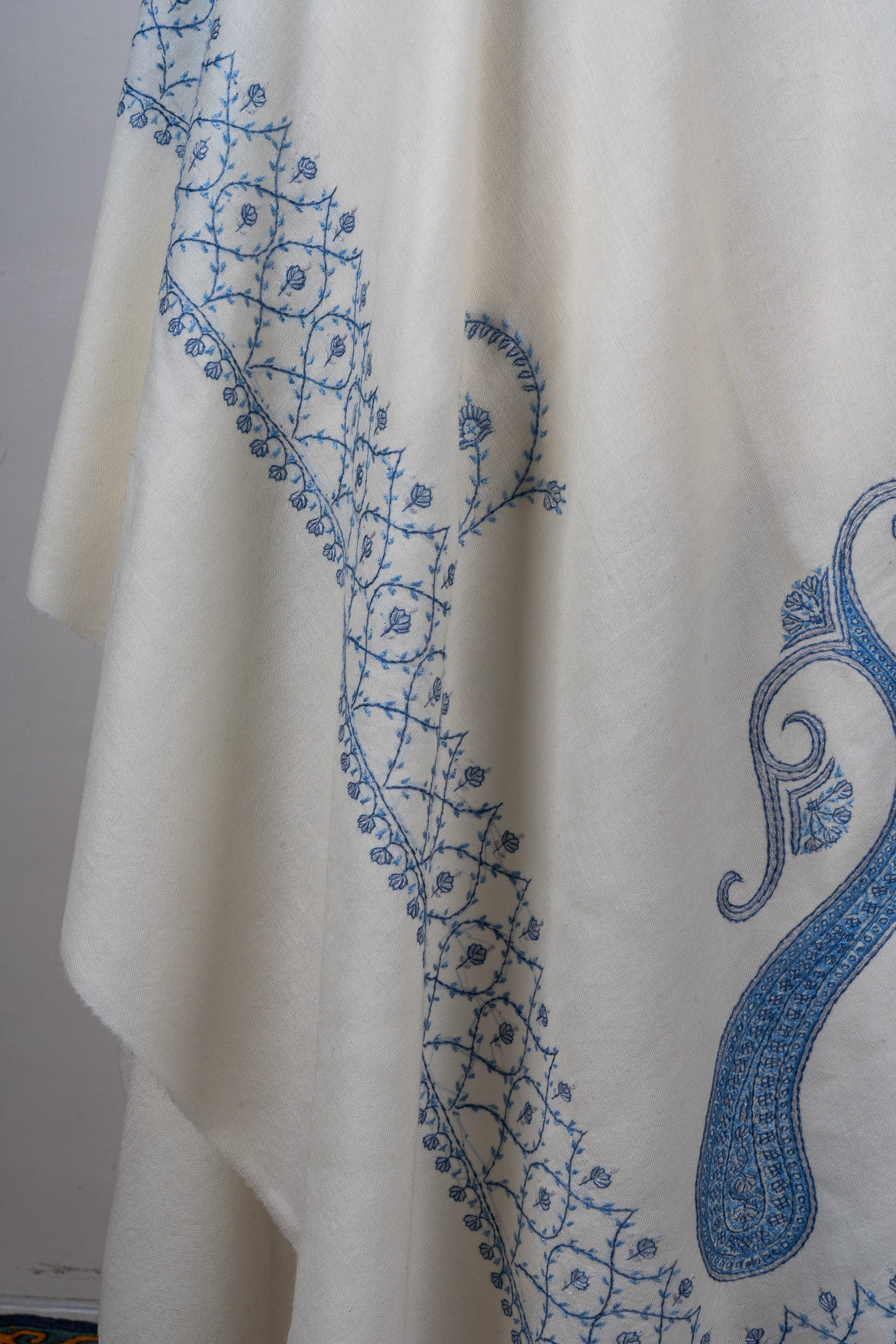 Snow Azure Sozni Hand Embroidered Merino Wool Shawl