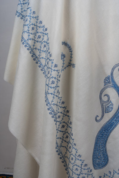 Snow Azure Sozni Hand Embroidered Merino Wool Shawl