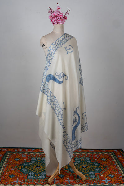 Snow Azure Sozni Hand Embroidered Merino Wool Shawl
