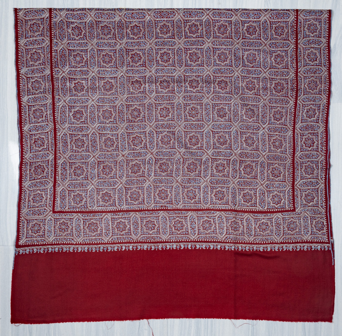 Ruby Maze – Merino Wool Sozni Hand Embroidered Shawl