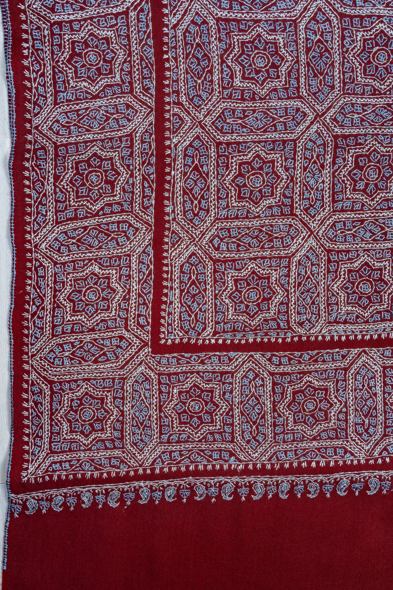Ruby Maze – Merino Wool Sozni Hand Embroidered Shawl