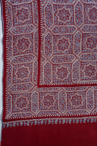 Ruby Maze – Merino Wool Sozni Hand Embroidered Shawl