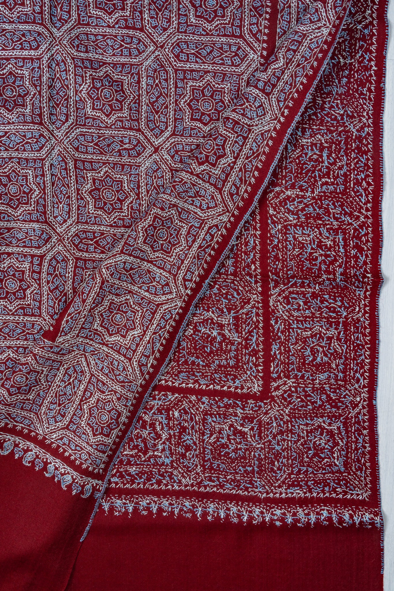 Ruby Maze – Merino Wool Sozni Hand Embroidered Shawl