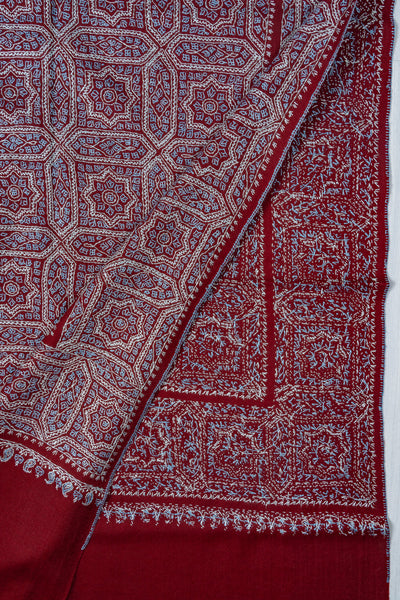 Ruby Maze – Merino Wool Sozni Hand Embroidered Shawl