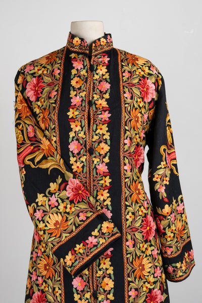 Blossoms on Midnight – Aari Hand-Embroidered Long Jacket in Pure Wool