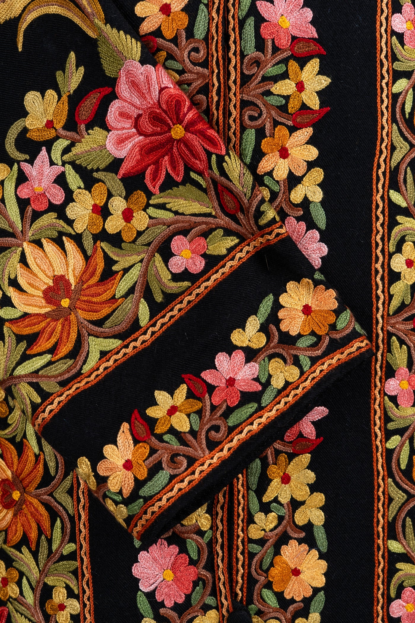 Blossoms on Midnight – Aari Hand-Embroidered Long Jacket in Pure Wool