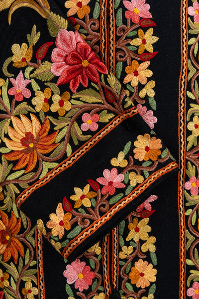 Blossoms on Midnight – Aari Hand-Embroidered Long Jacket in Pure Wool