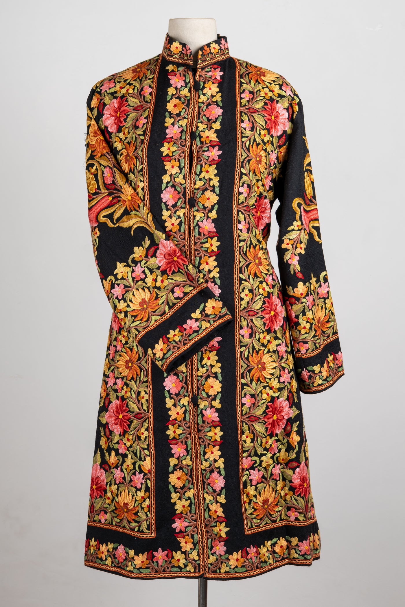Blossoms on Midnight – Aari Hand-Embroidered Long Jacket in Pure Wool