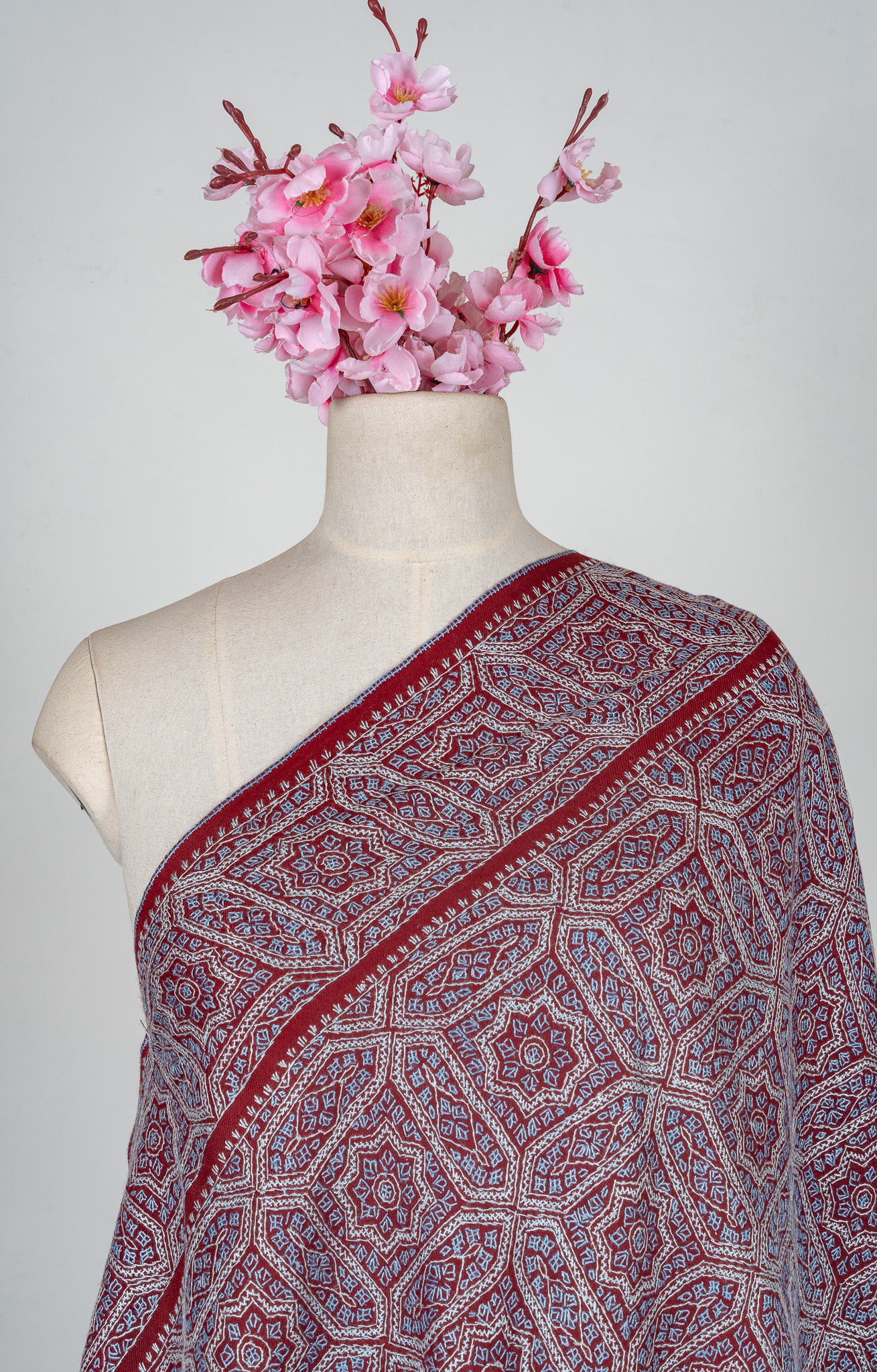 Ruby Maze – Merino Wool Sozni Hand Embroidered Shawl