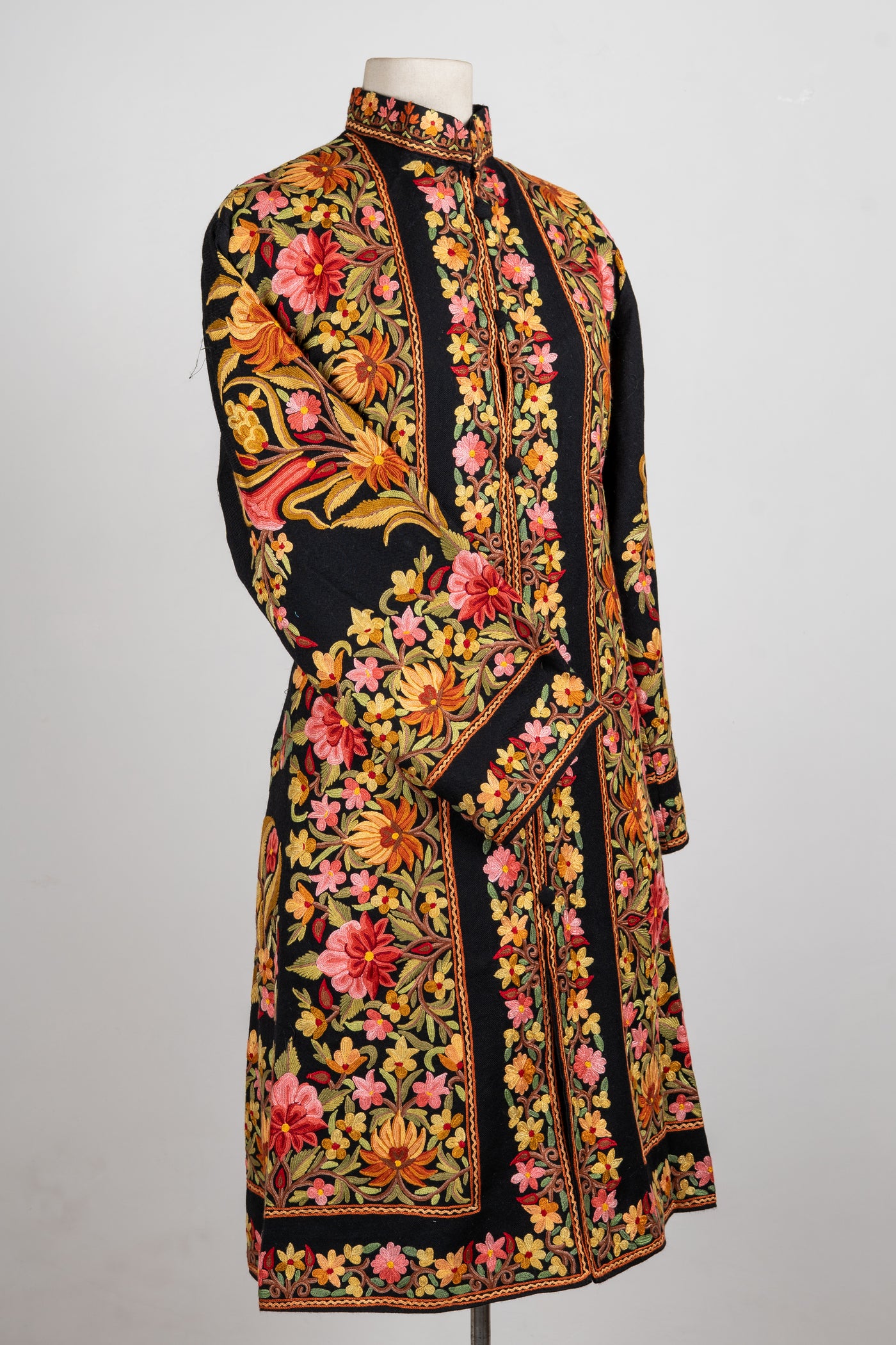 Blossoms on Midnight – Aari Hand-Embroidered Long Jacket in Pure Wool