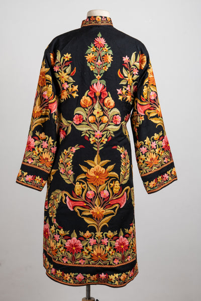 Blossoms on Midnight – Aari Hand-Embroidered Long Jacket in Pure Wool