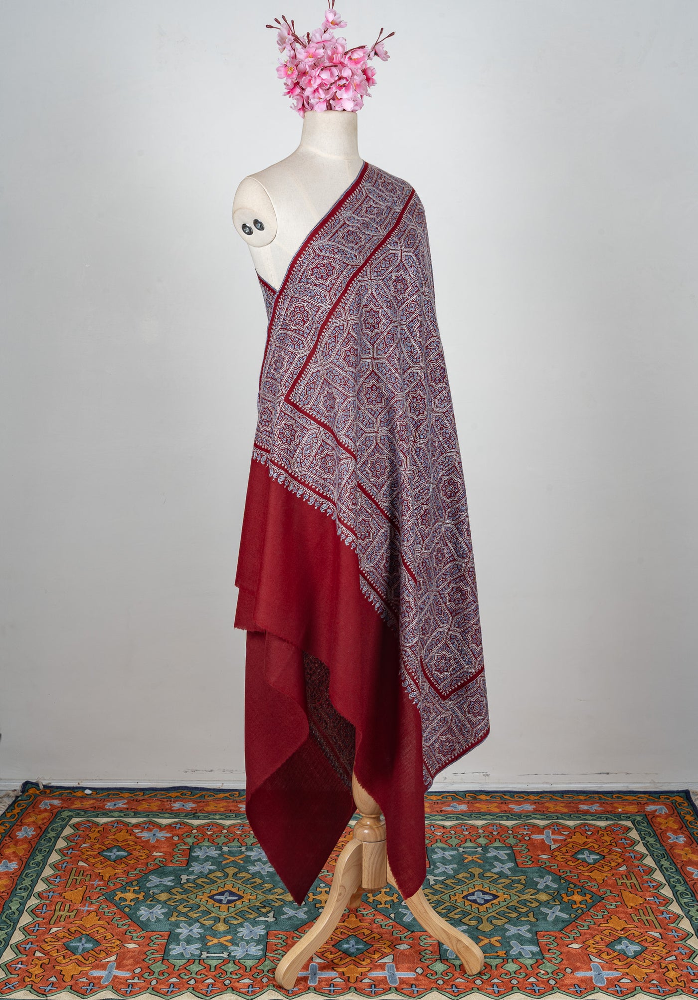 Ruby Maze – Merino Wool Sozni Hand Embroidered Shawl