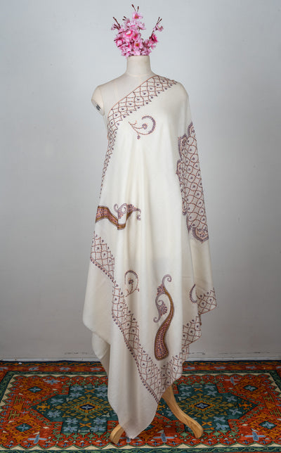Ivory Garden Vine – Sozni Hand Embroidered Merino Wool Shawl