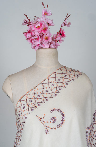 Ivory Garden Vine – Sozni Hand Embroidered Merino Wool Shawl